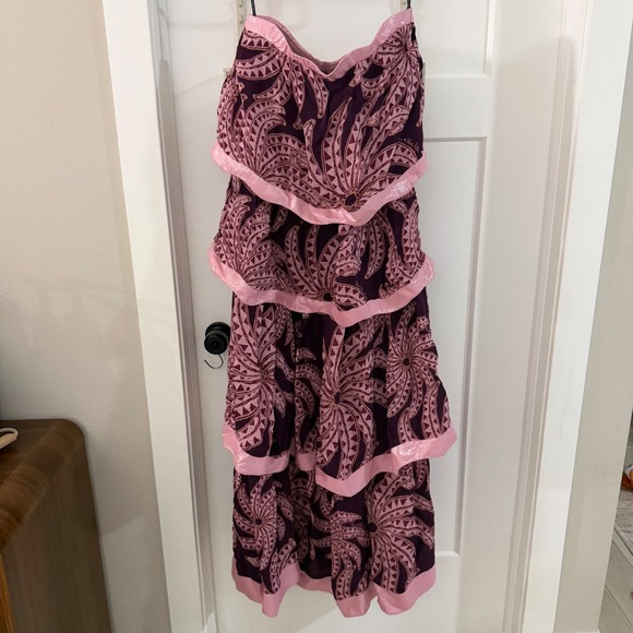 FARM Rio Dresses & Skirts - Farm Rio Burgundy Bananada Pink Print Strapless Tiered Maxi Dress Small Boho NWT